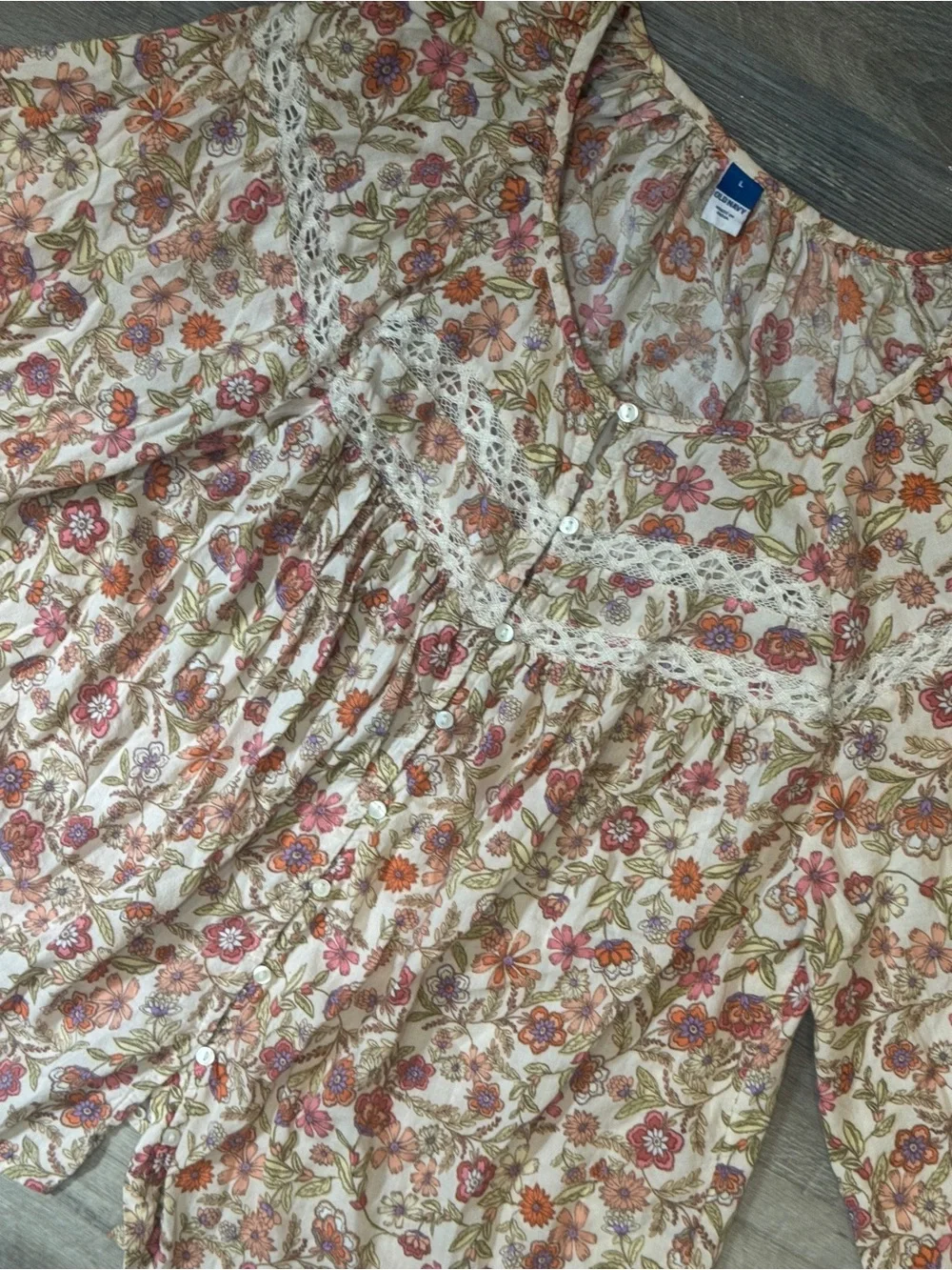 Old Navy Floral Lace-Trim Button-Front Blouse Puff Sleeves - White/Pink/Green